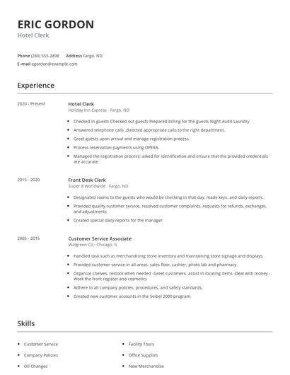 Hotel Clerk Resume