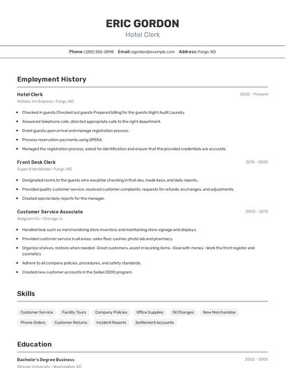 Hotel Clerk Resume