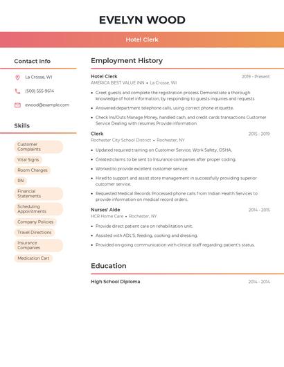 Hotel Clerk Resume