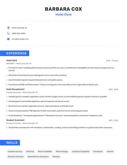 Hotel Clerk Resume