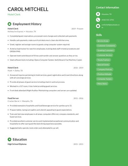 Hotel Clerk Resume