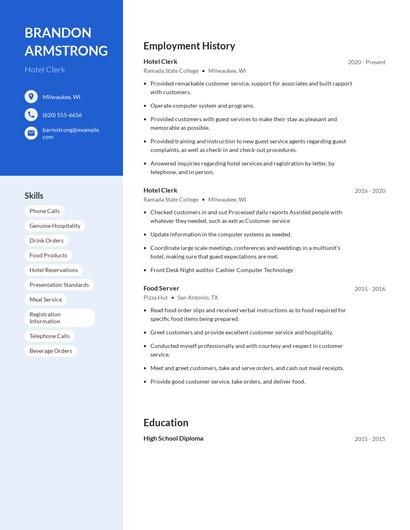 Hotel Clerk Resume