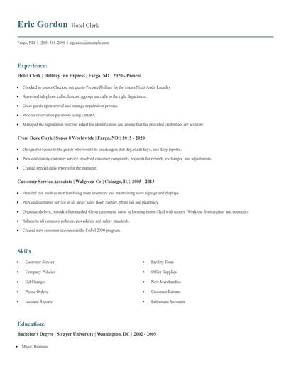 Hotel Clerk Resume