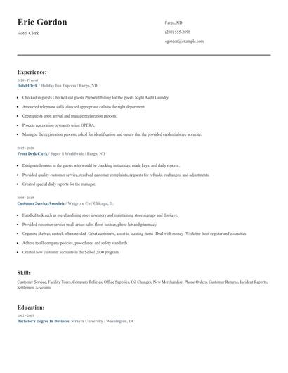 Hotel Clerk Resume