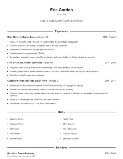 Hotel Clerk Resume