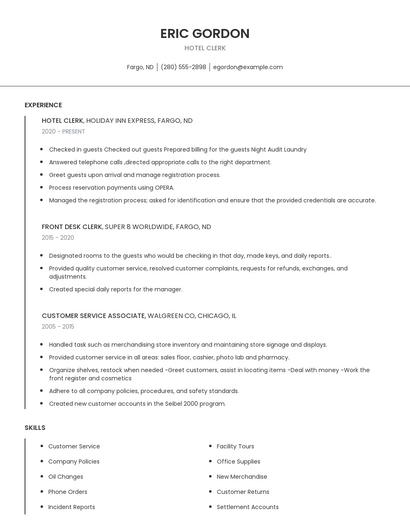 Hotel Clerk Resume