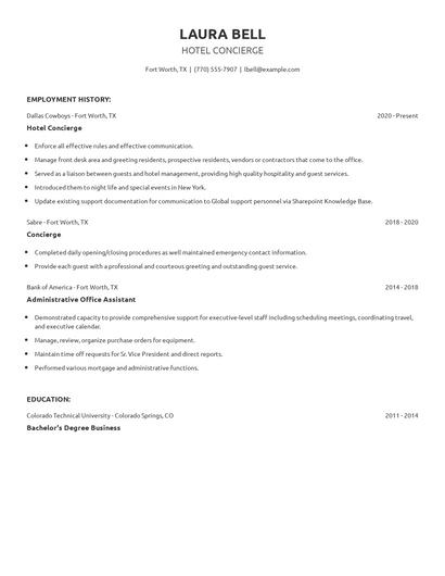 Hotel Concierge Resume