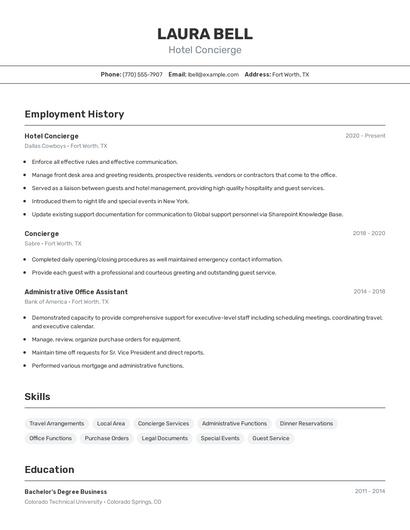 Hotel Concierge Resume