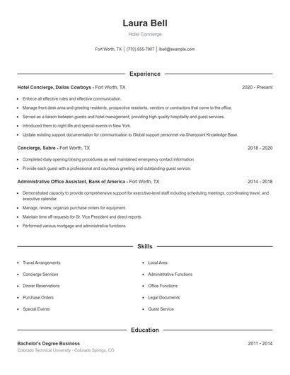 Hotel Concierge Resume