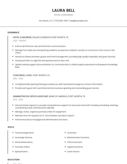 Hotel Concierge Resume