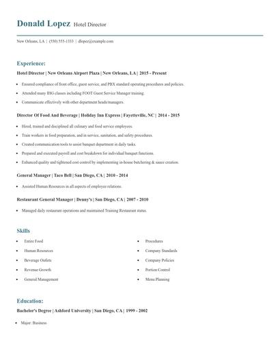 Hotel Director Resume