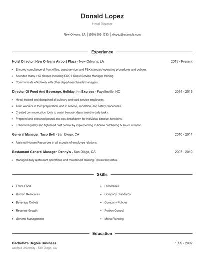 Hotel Director Resume