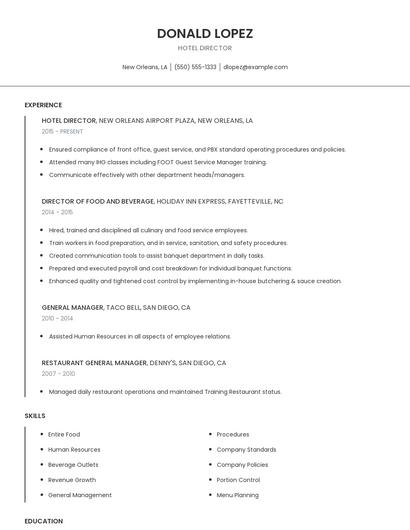 Hotel Director Resume
