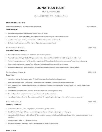 Hotel Manager Resume