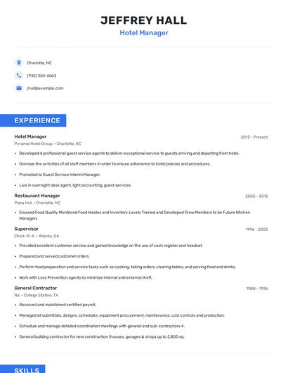 Hotel Manager Resume
