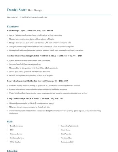 Hotel Manager Resume