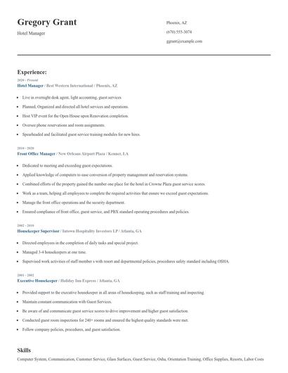 Hotel Manager Resume