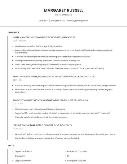 Hotel Manager Resume