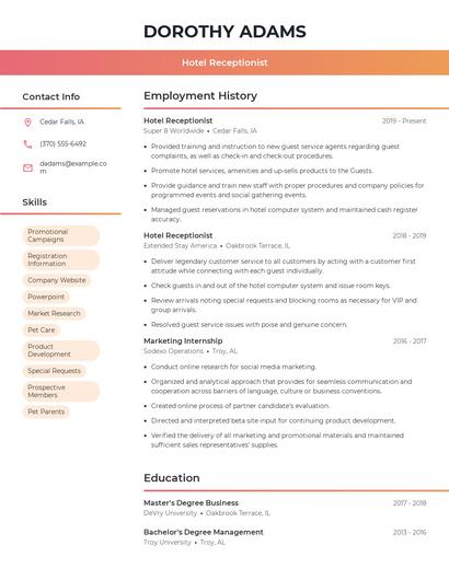 Hotel Receptionist Resume
