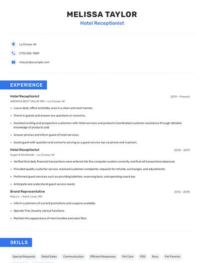 Hotel Receptionist Resume
