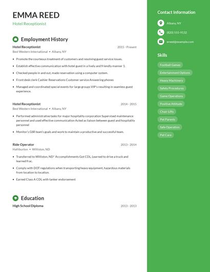 Hotel Receptionist Resume