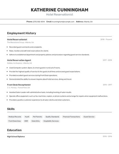 Hotel Reservationist Resume