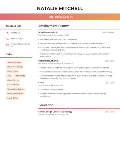 Hotel Reservationist Resume