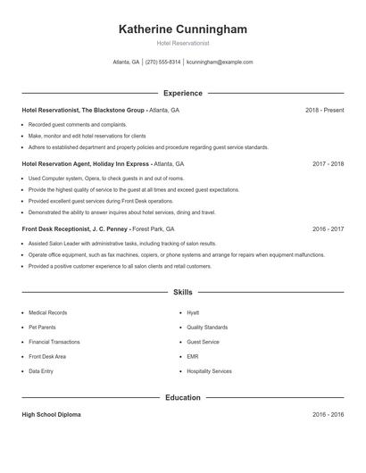 Hotel Reservationist Resume