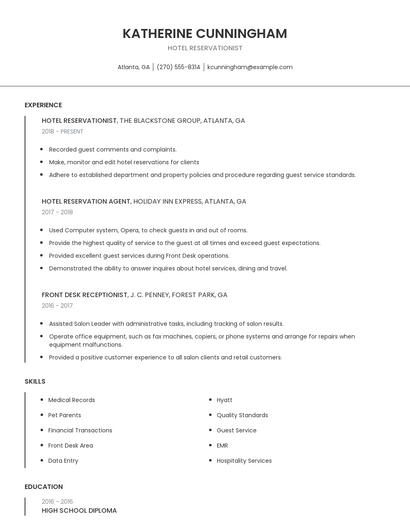 Hotel Reservationist Resume
