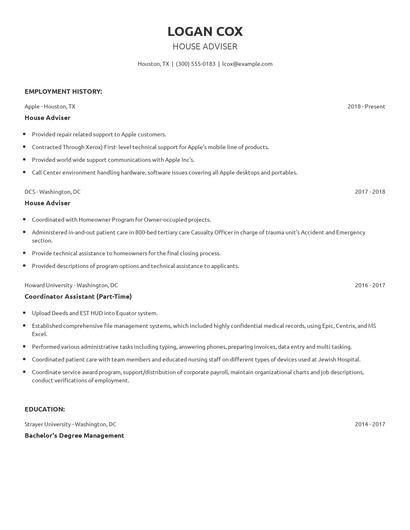 House Adviser Resume