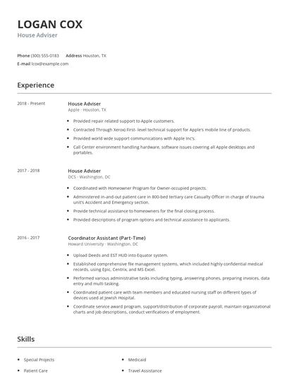 House Adviser Resume