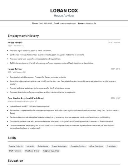 House Adviser Resume