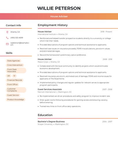 House Adviser Resume