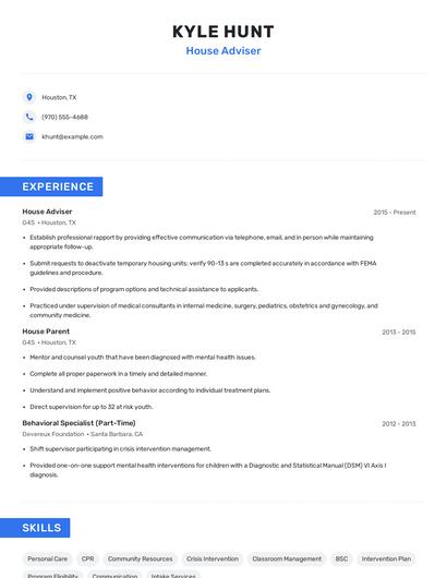 House Adviser Resume