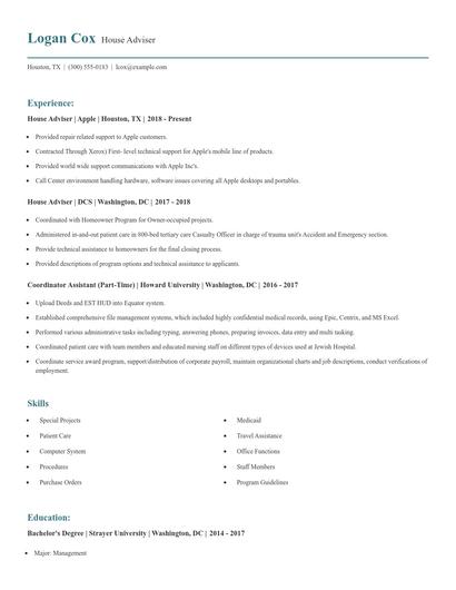 House Adviser Resume
