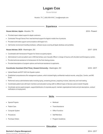 House Adviser Resume