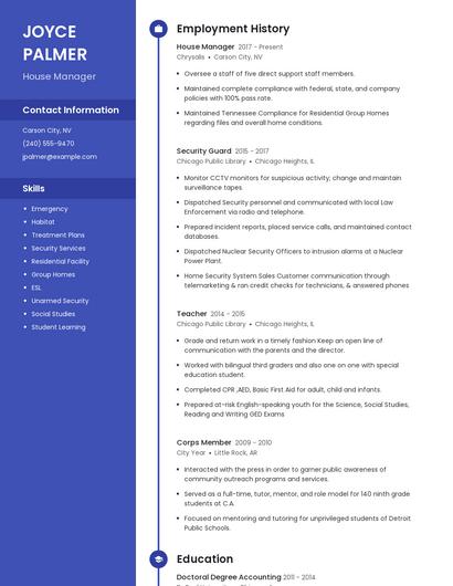 House Manager Resume