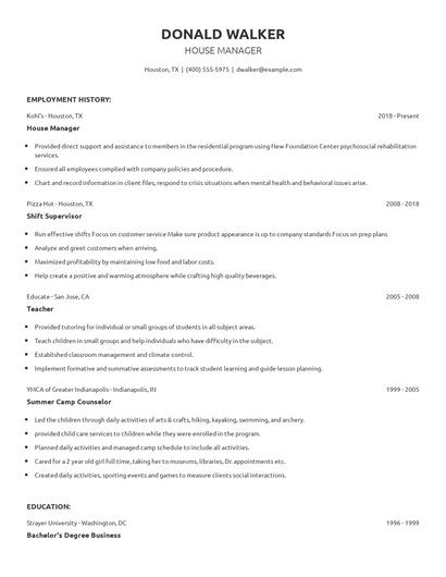House Manager Resume