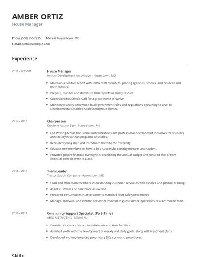 House Manager Resume