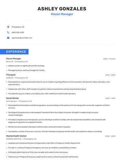 House Manager Resume