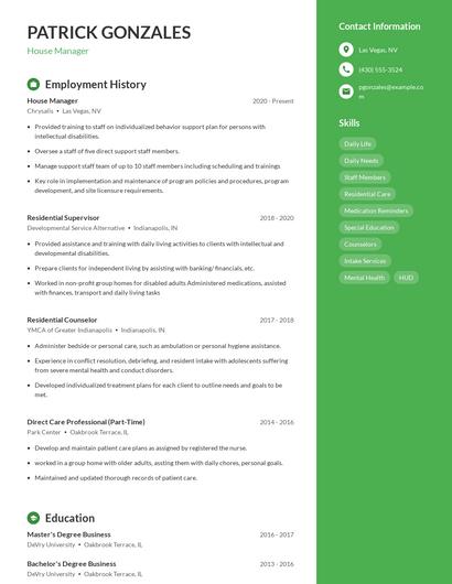 House Manager Resume