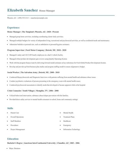 House Manager Resume