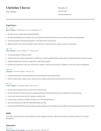 House Manager Resume
