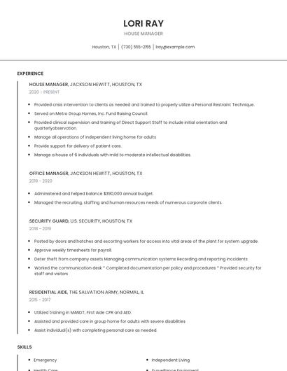 House Manager Resume
