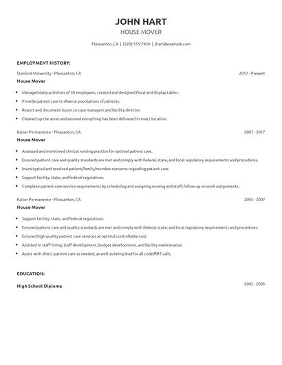 House Mover Resume