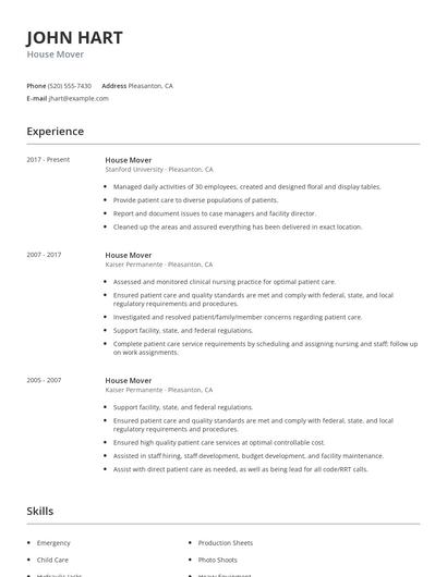 House Mover Resume