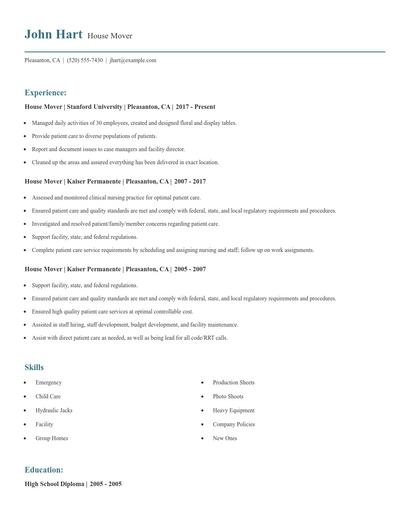 House Mover Resume