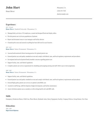House Mover Resume
