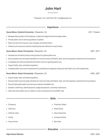House Mover Resume