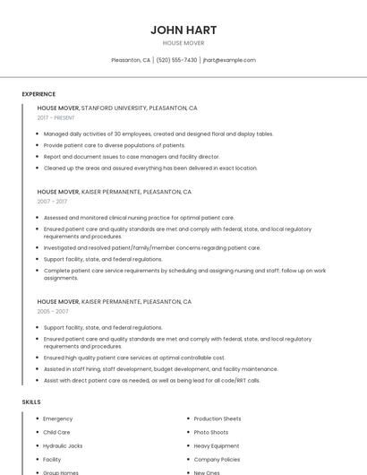 House Mover Resume